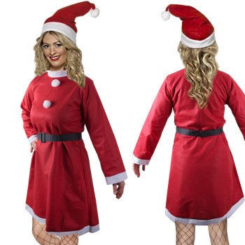 Mrs Claus Costume for Women with Dress, Hat and Belt, Red