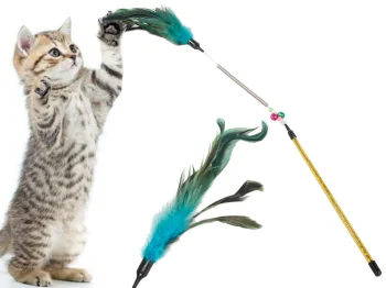 Interactive Cat Wand Toy with Feathers and Rattle Fishing Pole Teaser