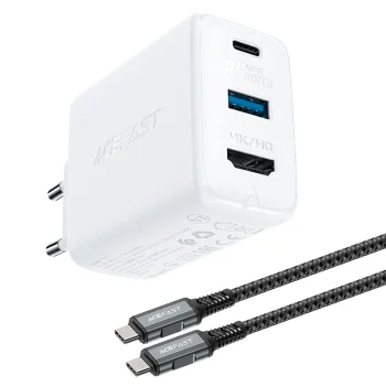 Acefast A17 GaN 2-in-1 Charger 65W USB-C / USB and HDMI 4K@60Hz Adapter with Cable, White