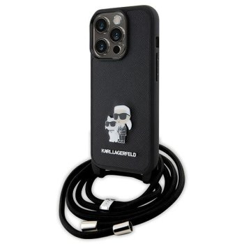 Apple iPhone 15 Pro 6.1'' Karl Lagerfeld Crossbody Saffiano Metal Pin Karl & Choupette Case Cover, Black