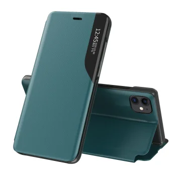 Atverčiamasis dėklas iPhone 13 Pro Max Hurtel Eco Leather View Case su stovu, žalias