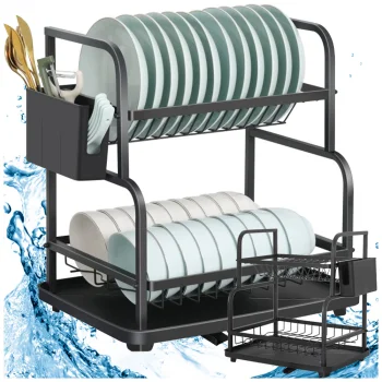 Two-Tier Dish Drying Rack with Drip Tray and Drainboard, Black