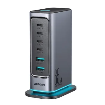 Joyroom JR-TCM02 Multiport GaN Charger 65W 4x USB-C 2x USB-A, Dark Gray