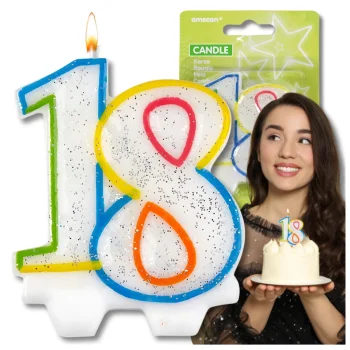 Bakalu Birthday Candle Number 18 with Glitter, Multicolor