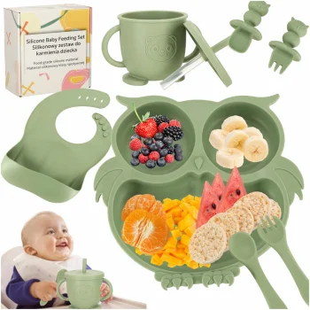 Silicone Baby Feeding Set Owl, 8 Pieces, Green
