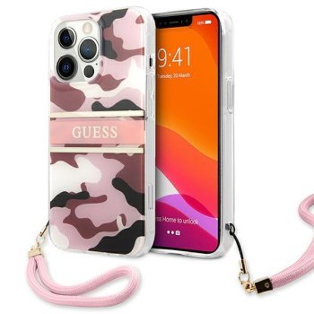 Guess iPhone 13 Pro Max Case Camo Strap Pink