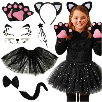 Kruzzel 7-Piece Cat Costume for Girls Dress-Up Set 26745, Black
