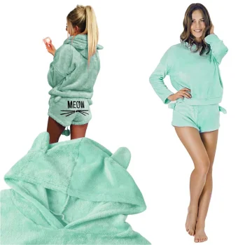 Women's Two-Piece Plush Pajamas with Hood, Blue, Size M