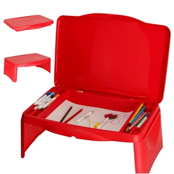 Portable Folding Car Tray for Kids with Storage Compartment, Red