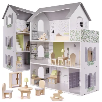 Wooden Dollhouse with Furniture, 70cm, Grey