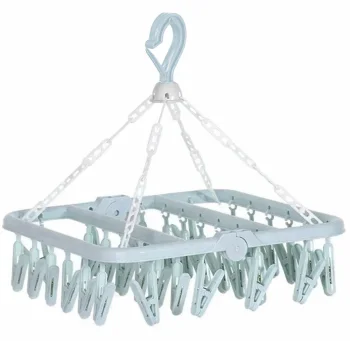 Folding hanging clothes dryer, with 32 clothespins, blue