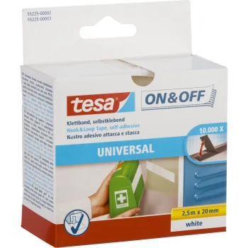 Tesa On & Off Self-Adhesive Hook and Loop Tape 55225, 2.5 m x 20 mm, White