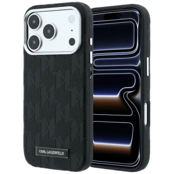 Karl Lagerfeld Grained Mono Resin Logo MagSafe Case for iPhone 17 / 18 Pro Max, Black