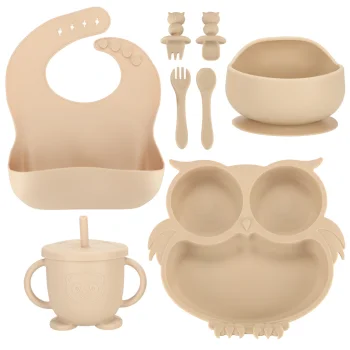 Kids Silicone Tableware Set Owl, 8 Pieces, Beige
