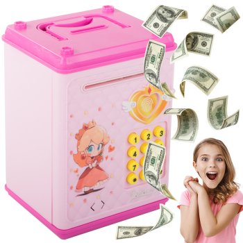 Interactive safe-style money box with PIN code for banknotes and coins, pink