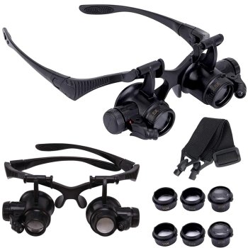 Head Magnifier Glasses with LED Light & 4 Lenses 10x-25x