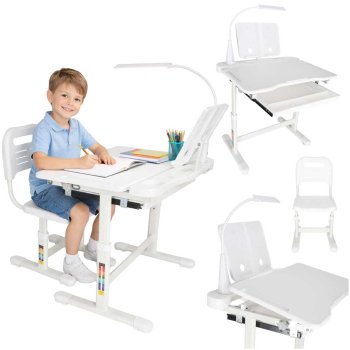 Kids Adjustable Desk and Chair Set with LED Lamp and Bookstand, White