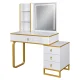 Dressing Table with LED Mirror, Cabinet and Stool, White with Gold Accents