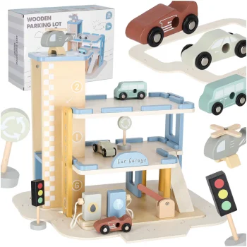 Wooden Multi-Level Toy Parking Garage with Gas Station