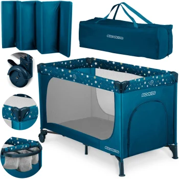 Ricokids RK-240 Travel Cot with Mattress and Bag, 125x65x78 cm, Navy Blue