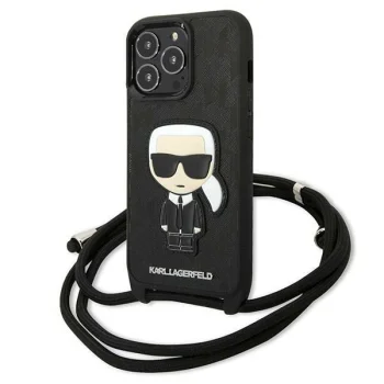 Karl Lagerfeld Leather Monogram Patch and Cord Case for iPhone 13 Pro / 13, Black