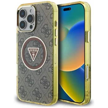 Guess iPhone 16 Pro Max Case IML Metal Glitter 4G Circle Triangle MagSafe, Brown