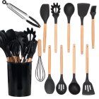 Kitchen Utensil Set 12 pcs, Silicone + Wood, Black