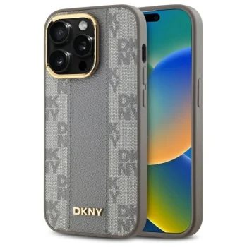 DKNY iPhone 14 Pro Case Leather Checkered Mono Pattern MagSafe, Beige