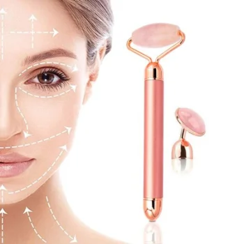 Rose Quartz Face and Neck Vibrating Massager Roller with Two Nozzles