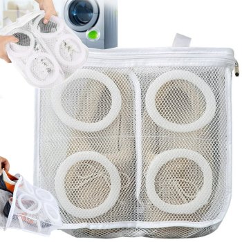 Mesh shoe laundry bag with zipper, dual compartments, white