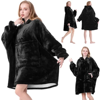 Oversized Warm Hoodie Sweatshirt Blanket with Pocket for Men and Women, Black