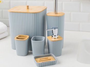 Bathroom Accessory Set, 6 Pieces, Grey/Bamboo