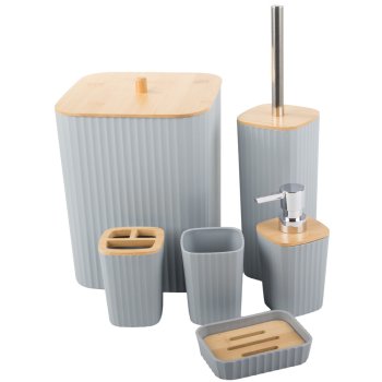 Bathroom Accessory Set, 6 Pieces, Grey/Bamboo
