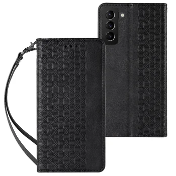 Magnet Strap Case Wallet Folio Case for Samsung Galaxy S22+ with Stand and Wrist Strap, Black