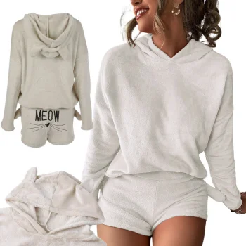 Women's Two-Piece Plush Pajamas with Hood, Beige, Size M