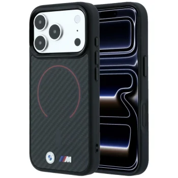 BMW M Kevlar Red Print Ring Metal Logo MagSafe Case for iPhone 18 Pro / 17 Pro, Black