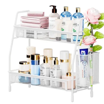 Two-Tier Kitchen Organizer with Basket, White