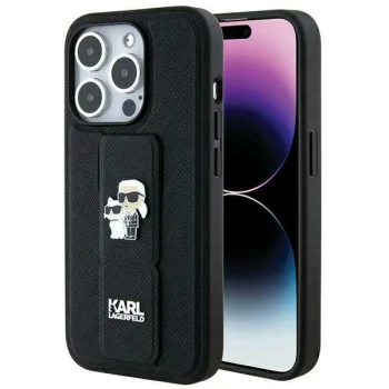 Apple iPhone 14 Pro Max 6.7'' Karl Lagerfeld Gripstand Saffiano Karl & Choupette Pins Cover Case, Black