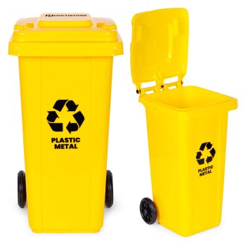 120L Plastic Waste Container with Rubber Wheels, Yellow