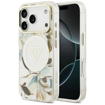 Guess IML Glitter Flowers Triangle MagSafe Phone Case Cover iPhone 17 Pro Max - White