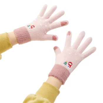 Women's Winter Touchscreen Gloves with Snowman and Christmas Tree Pattern - Pink