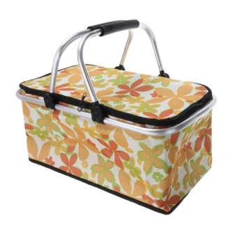 Collapsible Thermal Picnic Basket, White with Flowers