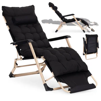 2-in-1 Garden and Beach Lounger with Cushion and Footrest, Black/Gold, MultiGarden