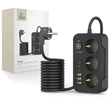 Tech-Protect PC3X6 Power Strip 3 Sockets + 3xUSB-A + 3xUSB-C 200cm Black
