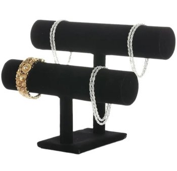 Two-tier jewelry display stand with velvet finish, black