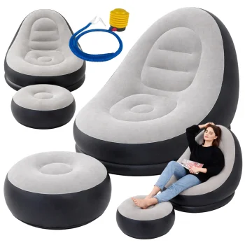 Inflatable Lounge Chair with Ottoman and Pump, Comfortable Blow Up Armchair for Home, Gray