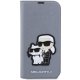 Karl Lagerfeld iPhone 14 Pro Max atverams vāciņš maciņš grāmatiņa Saffiano Karl & Choupette, sudraba