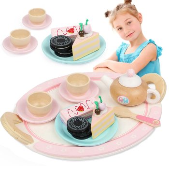 Kids Wooden Tea Set with Teapot Cups and Cookies