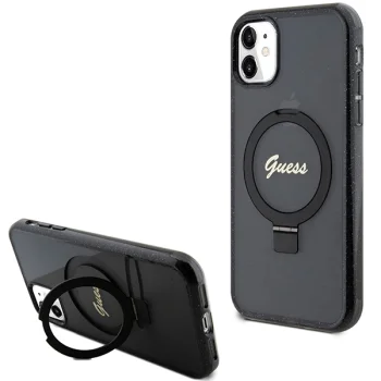 Guess iPhone 11 / Xr Case Ring Stand Script Glitter MagSafe, Black