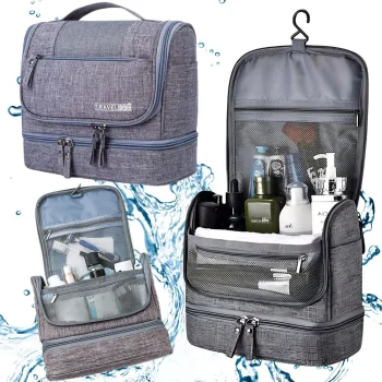 Large Waterproof Travel Toiletry Bag with Hook, Grey